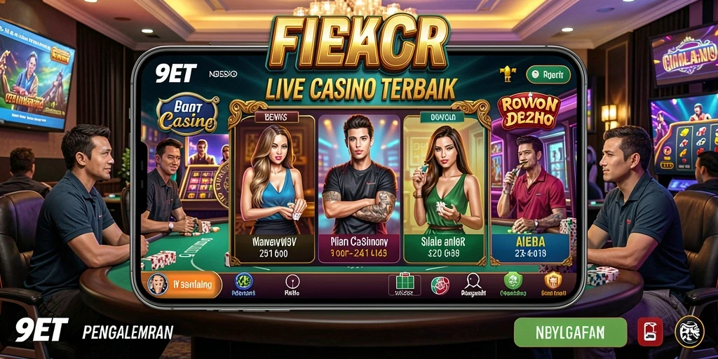 Screenshot gameplay 9ET menampilkan dealer langsung dan suasana kasino yang autentik.