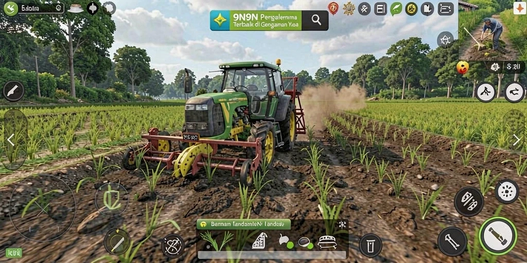 Screenshot gameplay 9N9N menunjukkan petani sedang merawat tanaman.
