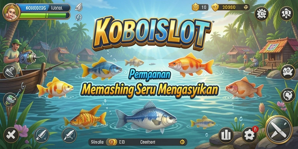 Tampilan seru gameplay KOBOISLOT saat memancing di laut.