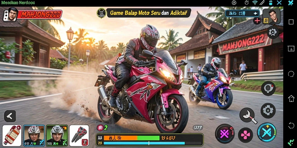Tampilan gameplay menarik MAHJONG222 dengan aksi balap motor yang cepat.
