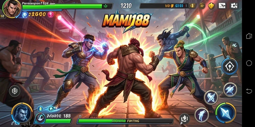 Screenshot MAMI188 menampilkan duel seru antara karakter yang berinteraksi di arena.