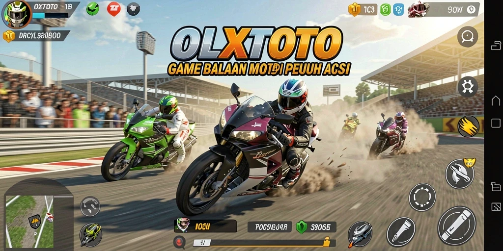 Tampilan gameplay mendebarkan dari OLXTOTO di lintasan balapan motor.