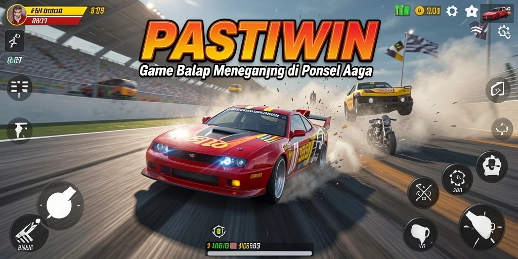 Tampilan gameplay PASTIWIN yang penuh aksi dan kecepatan balap tinggi.