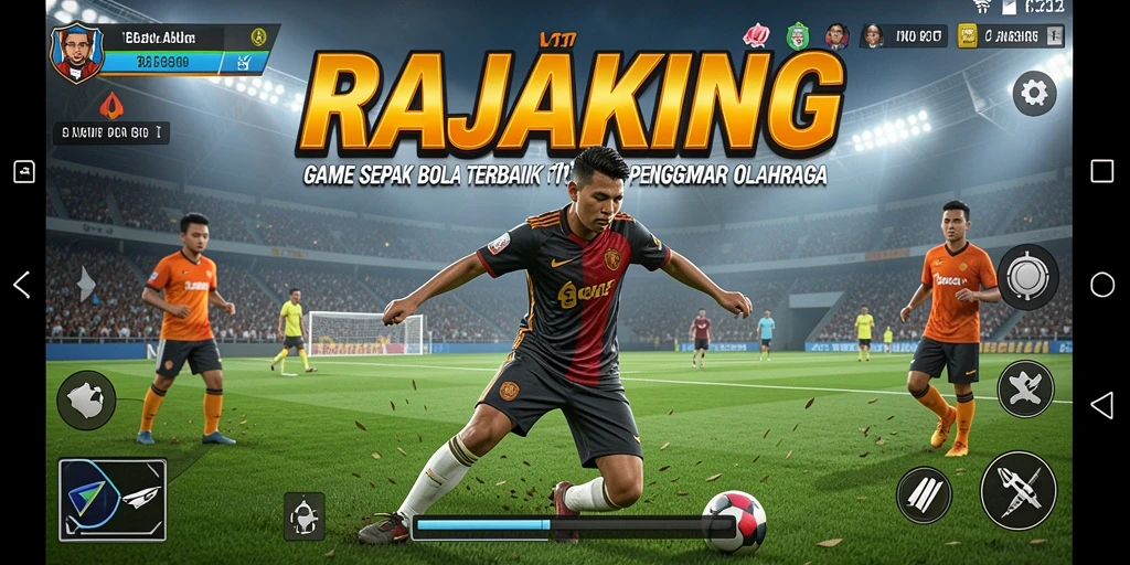 Tampilan gameplay nyata RAJAKING dengan aksi sepak bola seru.