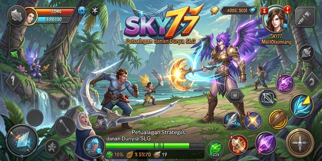 Tampilan gameplay menarik dalam <strong>SKY77</strong>, menunjukkan pertempuran dan pembangunan kerajaan.