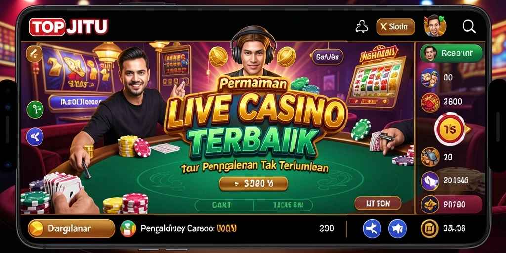 Screenshot gameplay TOPJITU memperlihatkan dealer profesional dan suasana kasino yang nyata.