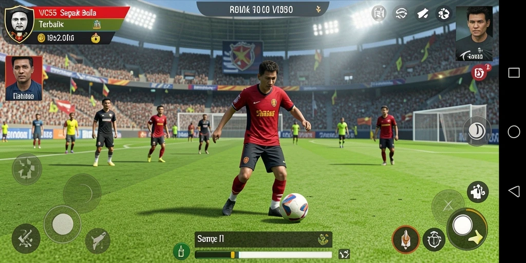 Tangkapan layar gameplay VC55 menampilkan aksi sepak bola yang mendebarkan.
